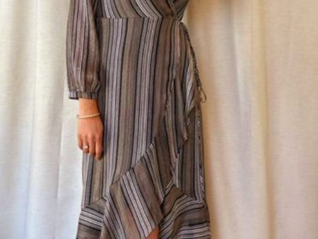 Lavender Brown Long Sleeve Front V Neck Print Dress Online