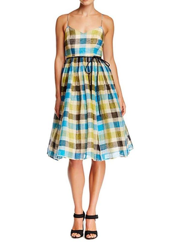 Sara Emanuel V-Neck Plaid Linen Dress Cheap