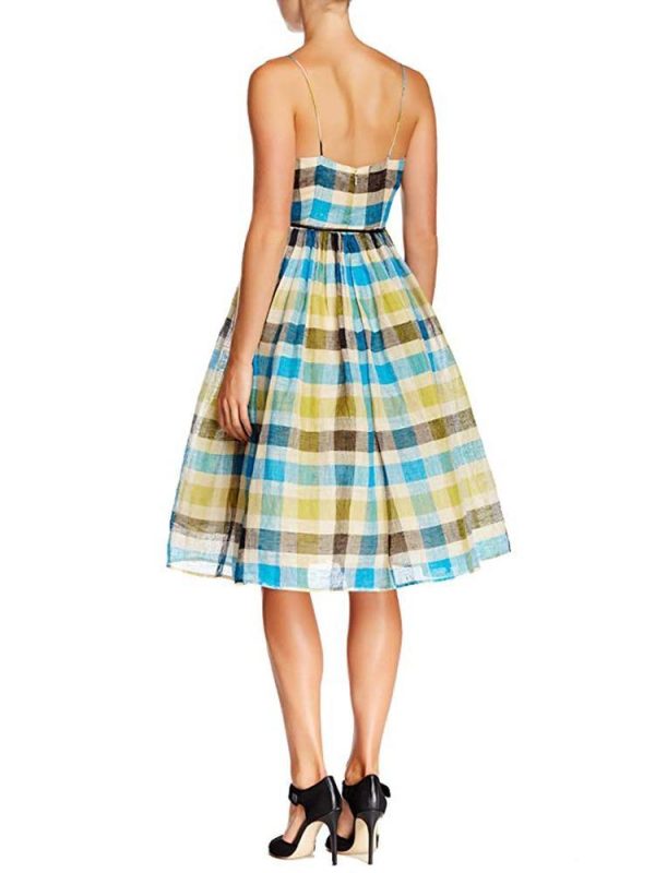 Sara Emanuel V-Neck Plaid Linen Dress Cheap