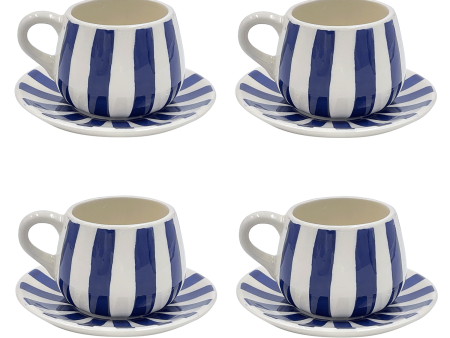 Navy Blue Stripes Coffee Cup & Saucers (Set of 4) Fashion