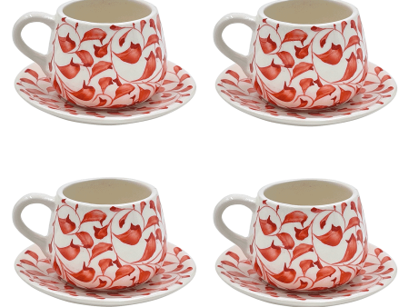 Red Scroll Coffee Cup & Saucers (Set of 4) For Sale