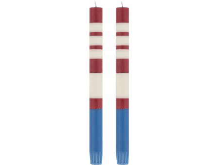 Pair of Guardsman Red, Royal Blue & Pearl White Striped Dinner Candles 25cm Online Sale