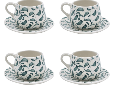 Green Scroll Coffee Cup & Saucers (Set of 4) Online now