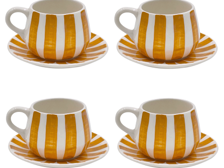 Yellow Stripes Coffee Cup & Saucers (Set of 4) For Discount