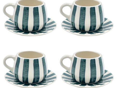 Green Stripes Coffee Cup & Saucers (Set of 4) Supply