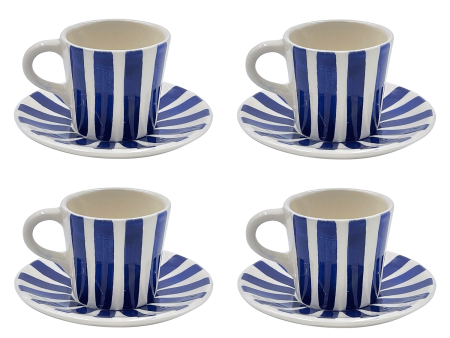 Navy Blue Stripes Espresso Cup & Saucers (Set of 4) Supply