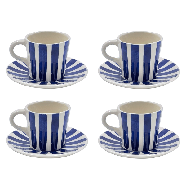 Navy Blue Stripes Espresso Cup & Saucers (Set of 4) Supply