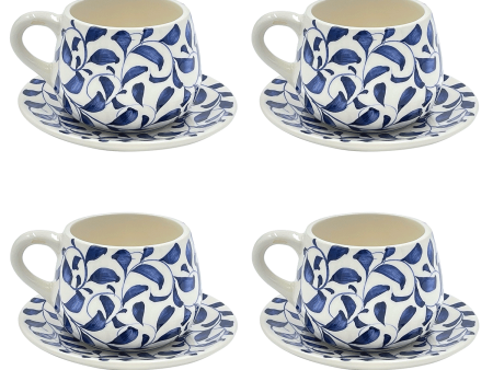 Navy Blue Scroll Coffee Cup & Saucer (Set of 4) Sale